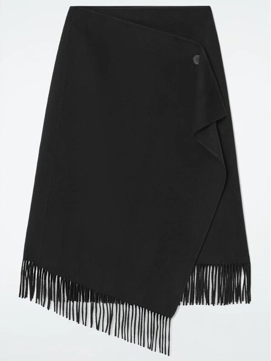COS Dresses & Skirts - COS Black Fringed Wool Midi Wrap Skirt Size 8